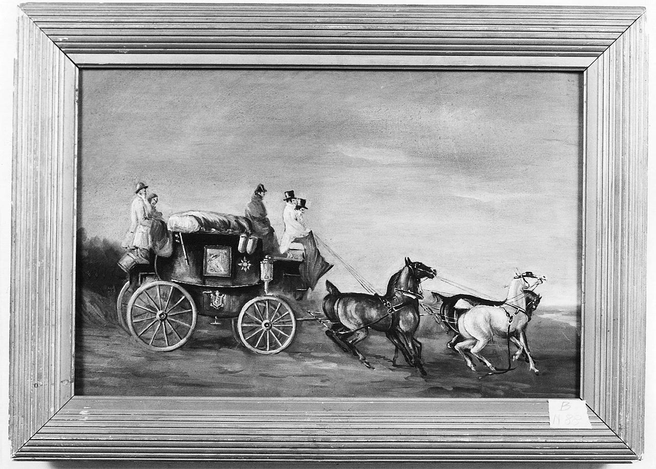 veduta di strada con figure e carrozze (dipinto) - ambito romano (prima metà sec. XIX)