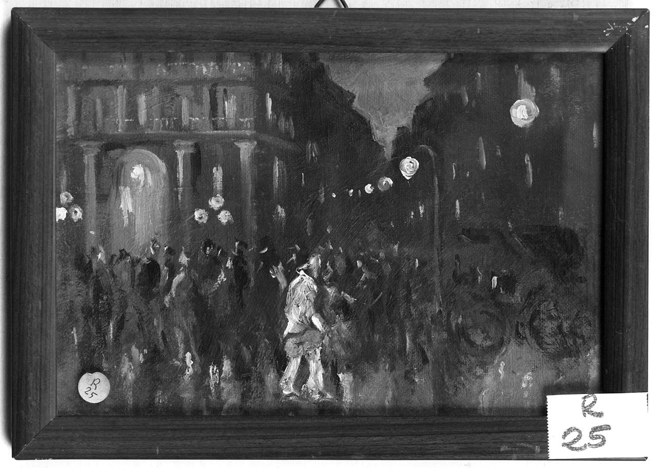 veduta notturna di strada con figure a passeggio e carrozze (dipinto) - ambito romano (inizio sec. XX)