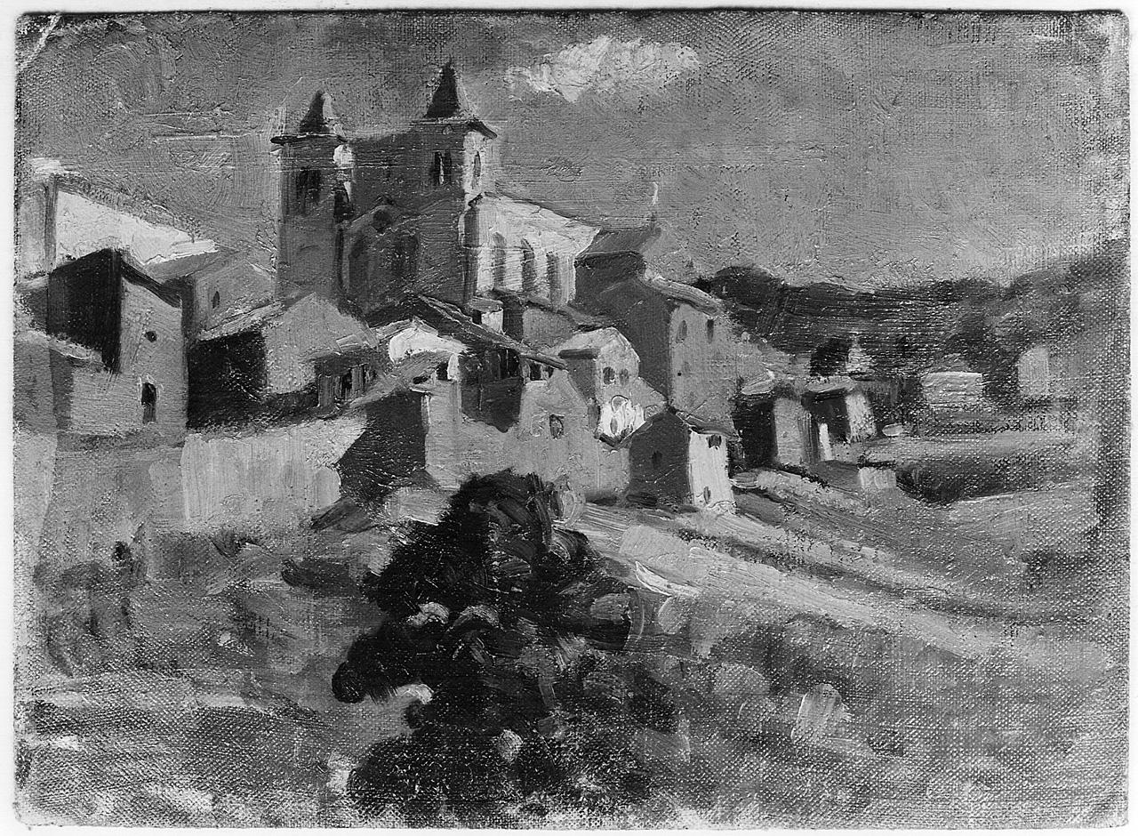 veduta di paese (dipinto) - ambito romano (primo quarto sec. XX)