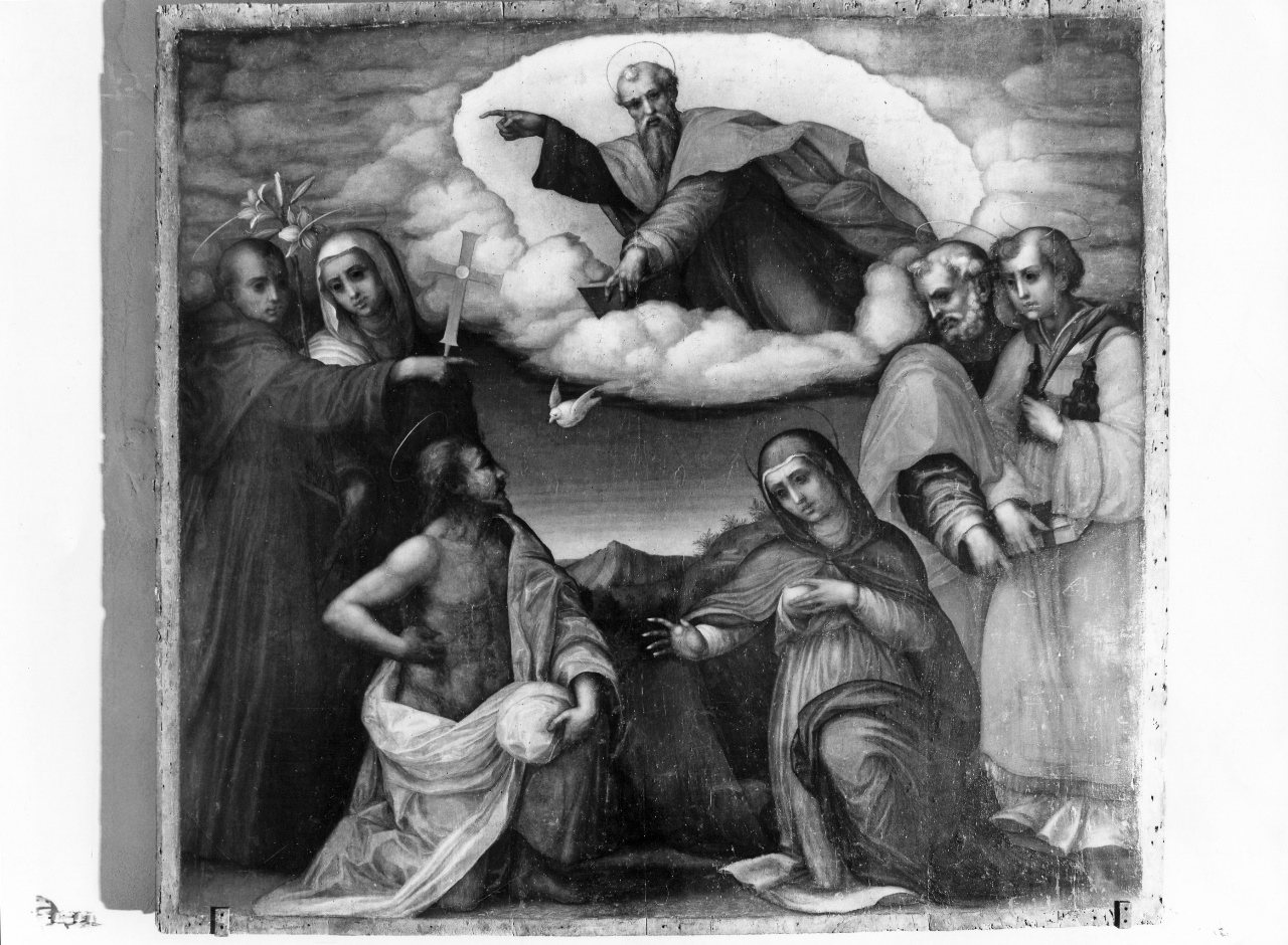 Trinità con la Madonna, San Nicola da Tolentino, una Santa e Santi (dipinto) di Jacopo di Giovanni detto Jacone (sec. XVI)