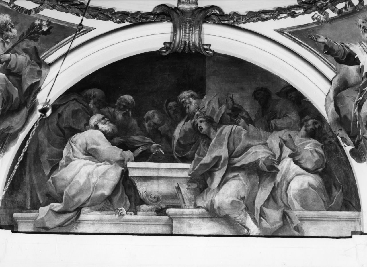 apostoli intorno al sepolcro vuoto e colmo di fiori della Madonna (dipinto) di Gherardini Alessandro (sec. XVII)