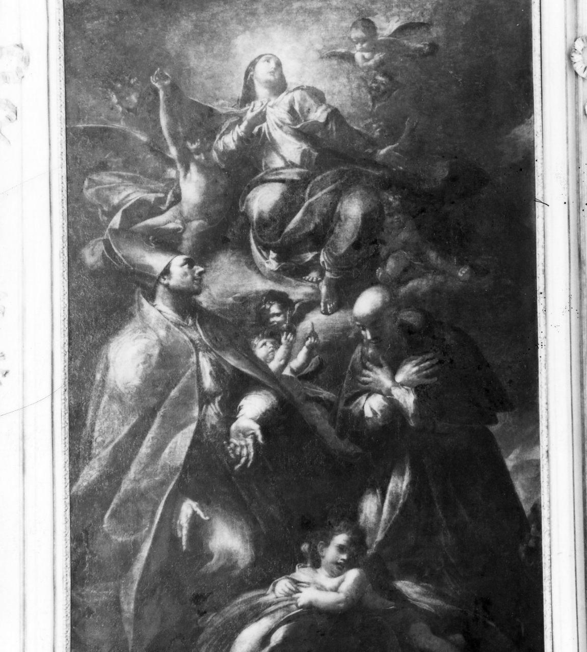 Madonna in gloria tra San Gennaro e San Francesco di Sales (dipinto) di Galeotti Sebastiano (attribuito) (sec. XVIII)