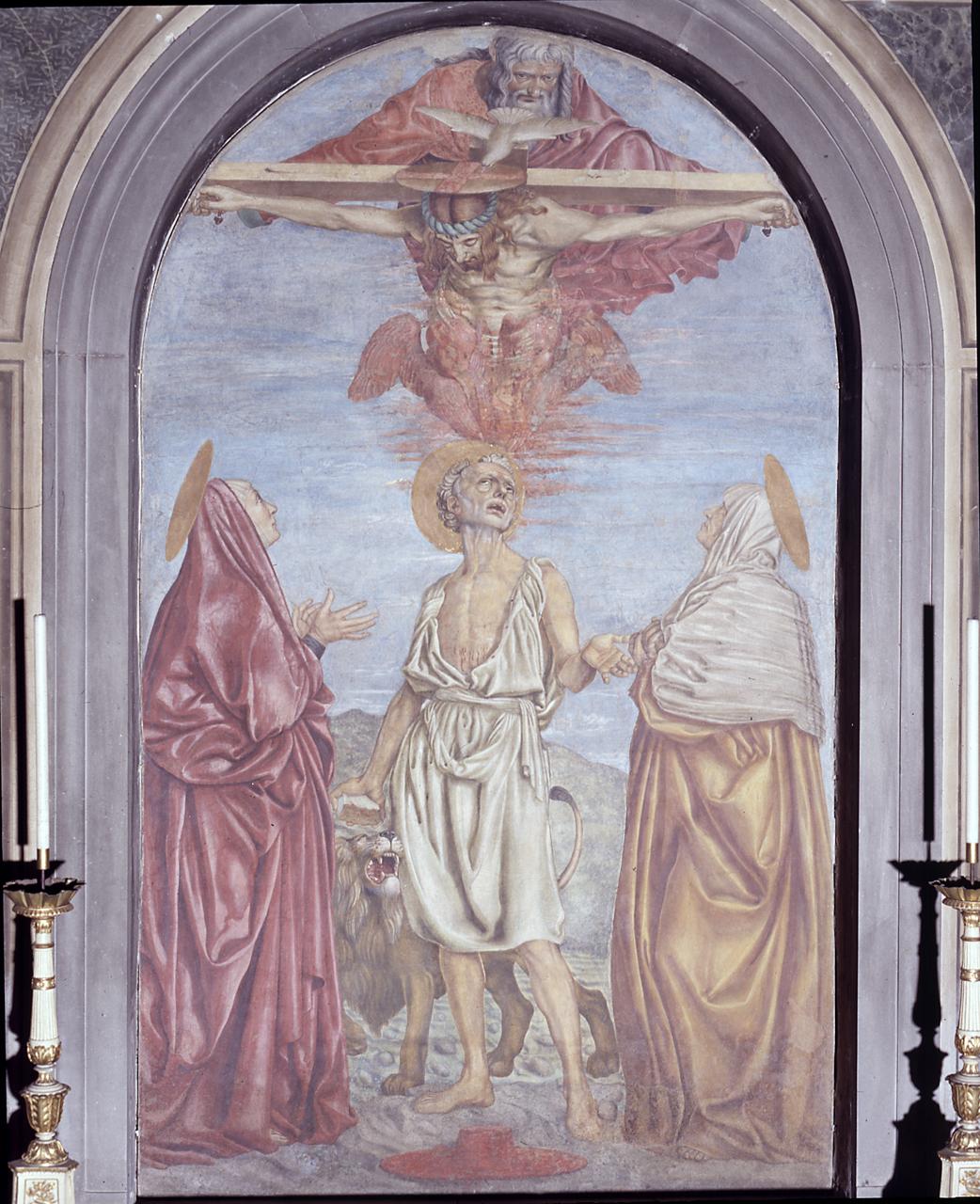 apparizione della Trinità a San Girolamo, Santa Paola e Sant'Eustochio (dipinto) di Andrea del Castagno (sec. XV)