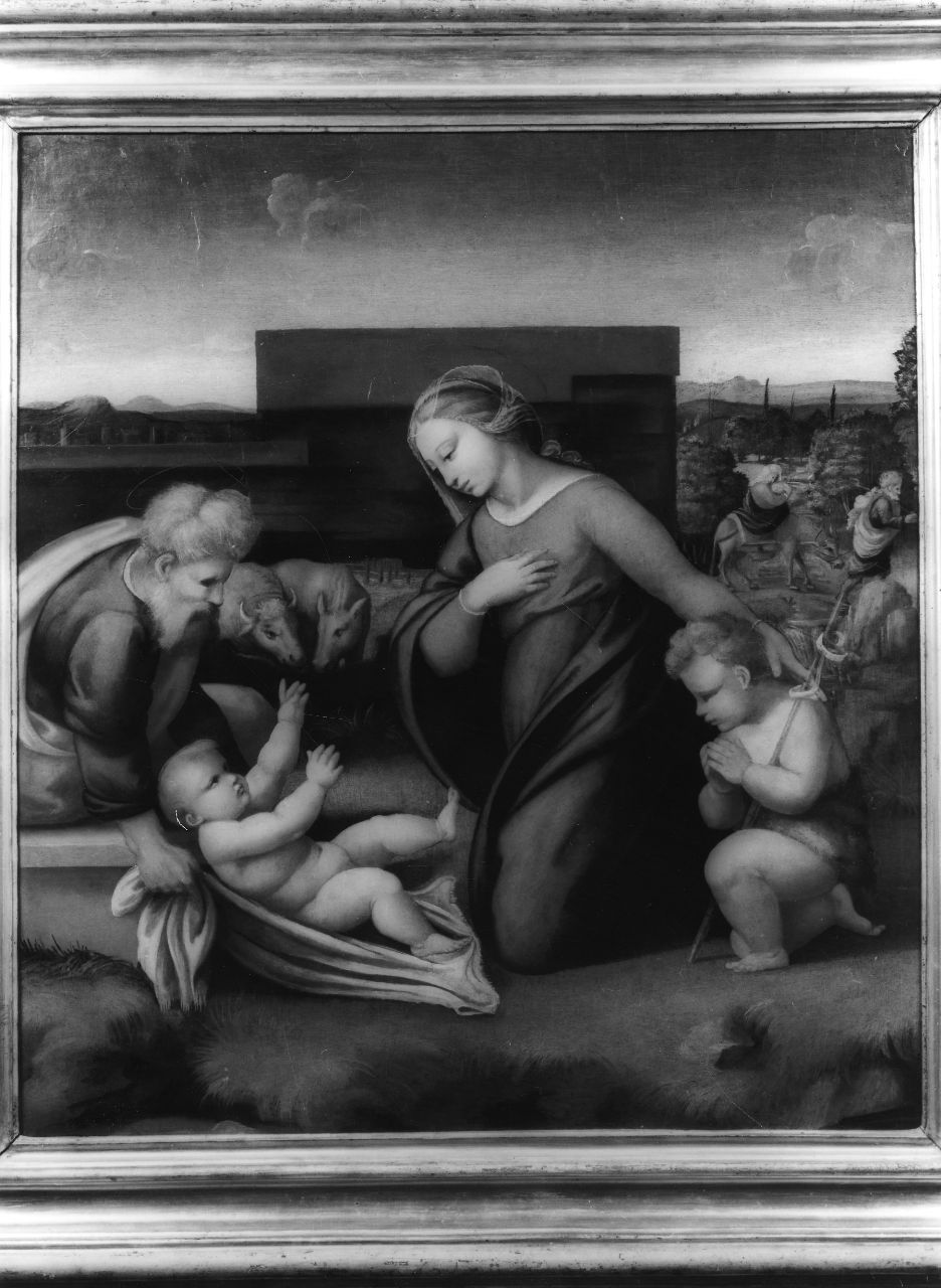 natività di Gesù; fuga in Egitto (dipinto) di Bachiacca (cerchia) (sec. XVI)