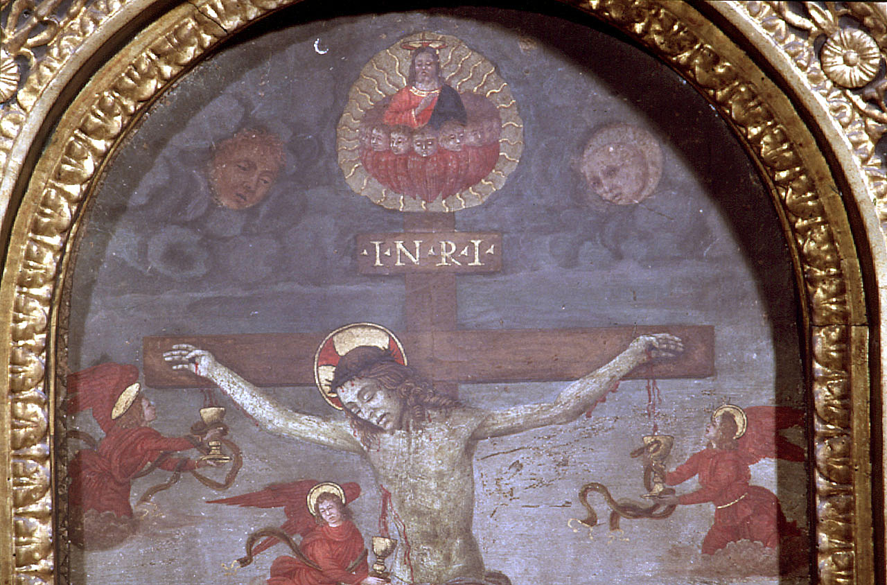 Cristo crocifisso con la Madonna, san Giovanni evangelista e santa Maria Maddalena (dipinto) di Jacopo del Sellaio (bottega) (seconda metà sec. XV)