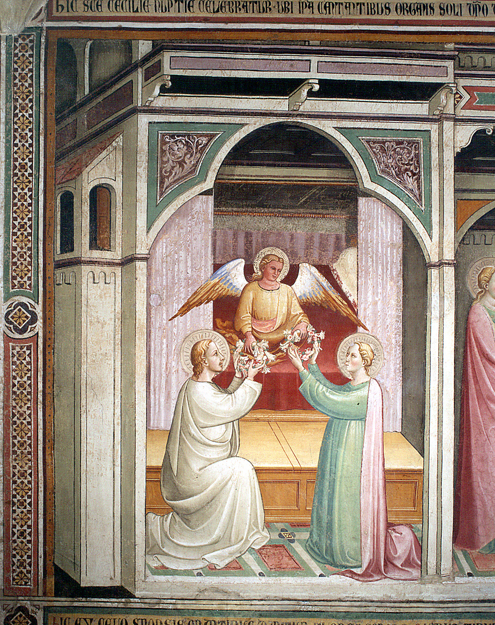 Santa Cecilia e San Valeriano incoronati da un angelo (dipinto) di Lippo di Corso (attribuito) (secc. XIV/ XV)