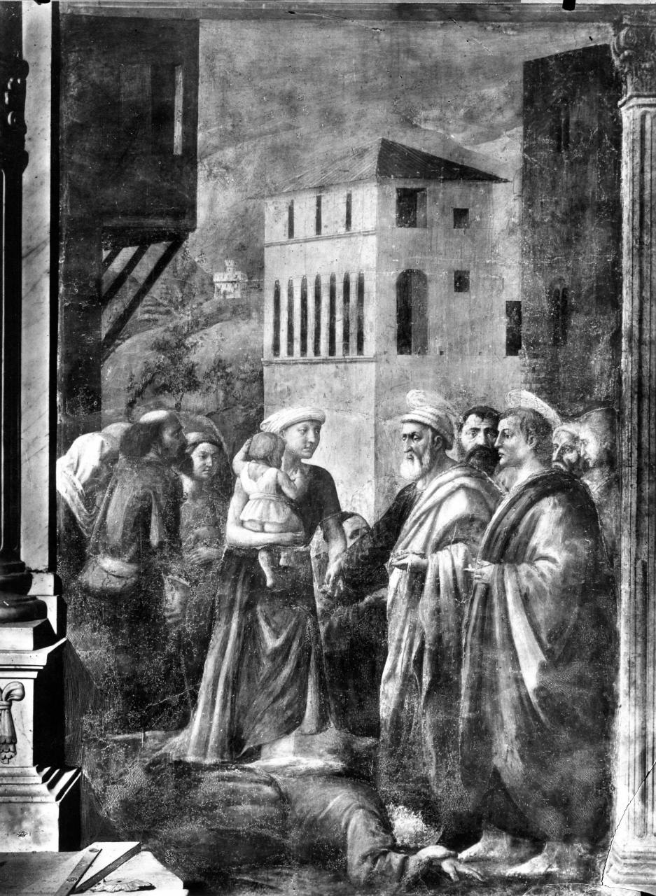 san Pietro distribuisce beni, morte di Anania (dipinto) di Cassai Tommaso di Ser Giovanni detto Masaccio (sec. XV)