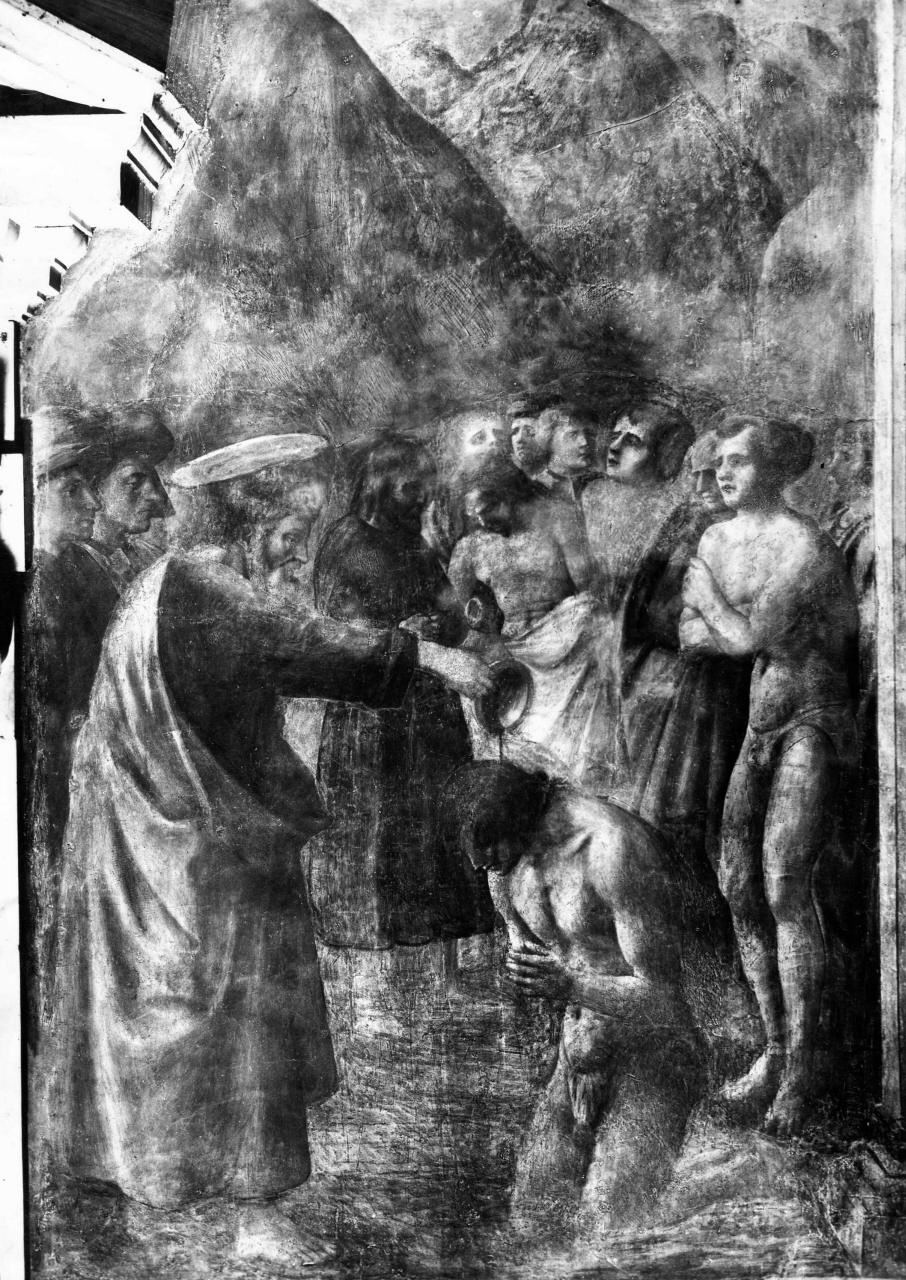 san Pietro battezza i neofiti (dipinto) di Fini Tommaso detto Masolino da Panicale, Cassai Tommaso di Ser Giovanni detto Masaccio, Lippi Filippino (sec. XV, sec. XV)