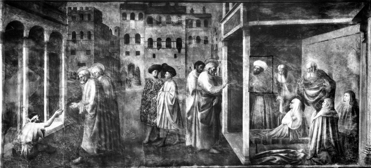 san Pietro guarisce lo storpio, san Pietro resuscita Tabita (dipinto) di Cassai Tommaso di Ser Giovanni detto Masaccio (?), Fini Tommaso detto Masolino da Panicale (sec. XV)