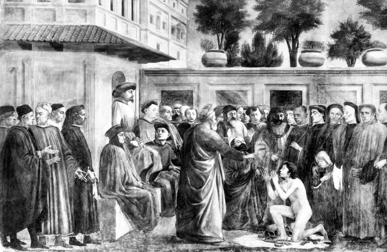 san Pietro resuscita il figlio di Teofilo (dipinto) di Cassai Tommaso di Ser Giovanni detto Masaccio, Lippi Filippino (sec. XV, sec. XV)