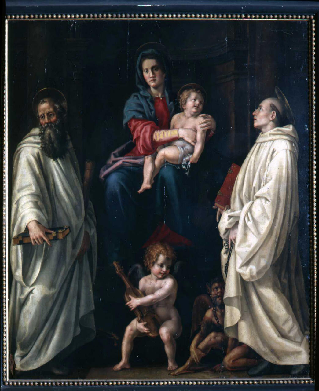 Madonna con Bambino in trono, San Bernardo da Chiaravalle, San Benedetto (dipinto) di Foschi Pier Francesco detto Piero Francia (sec. XVI)