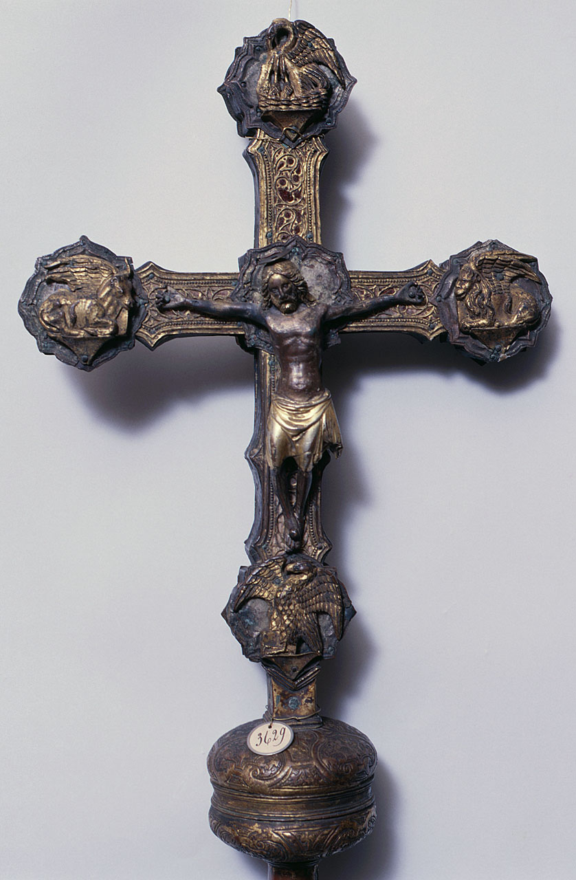 Cristo crocifisso, dolenti, santa Maria Maddalena, Dio Padre benedicente, pellicano, simboli degli Evangelisti (croce processionale) - bottega italiana (sec. XV, secc. XIX/ XX)