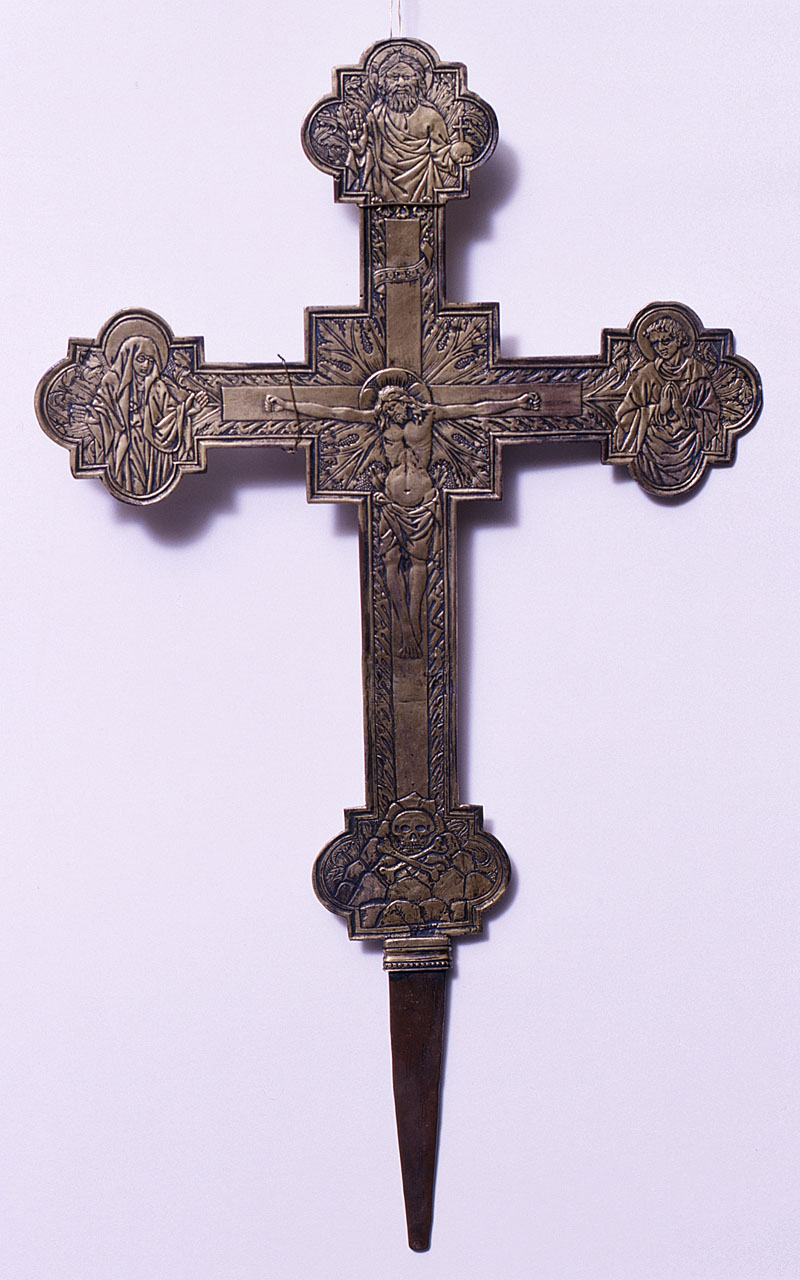 Cristo crocifisso, dolenti, Dio Padre benedicente, Michele arcangelo, simboli degli Evangelisti (croce processionale) - bottega toscana (sec. XV)