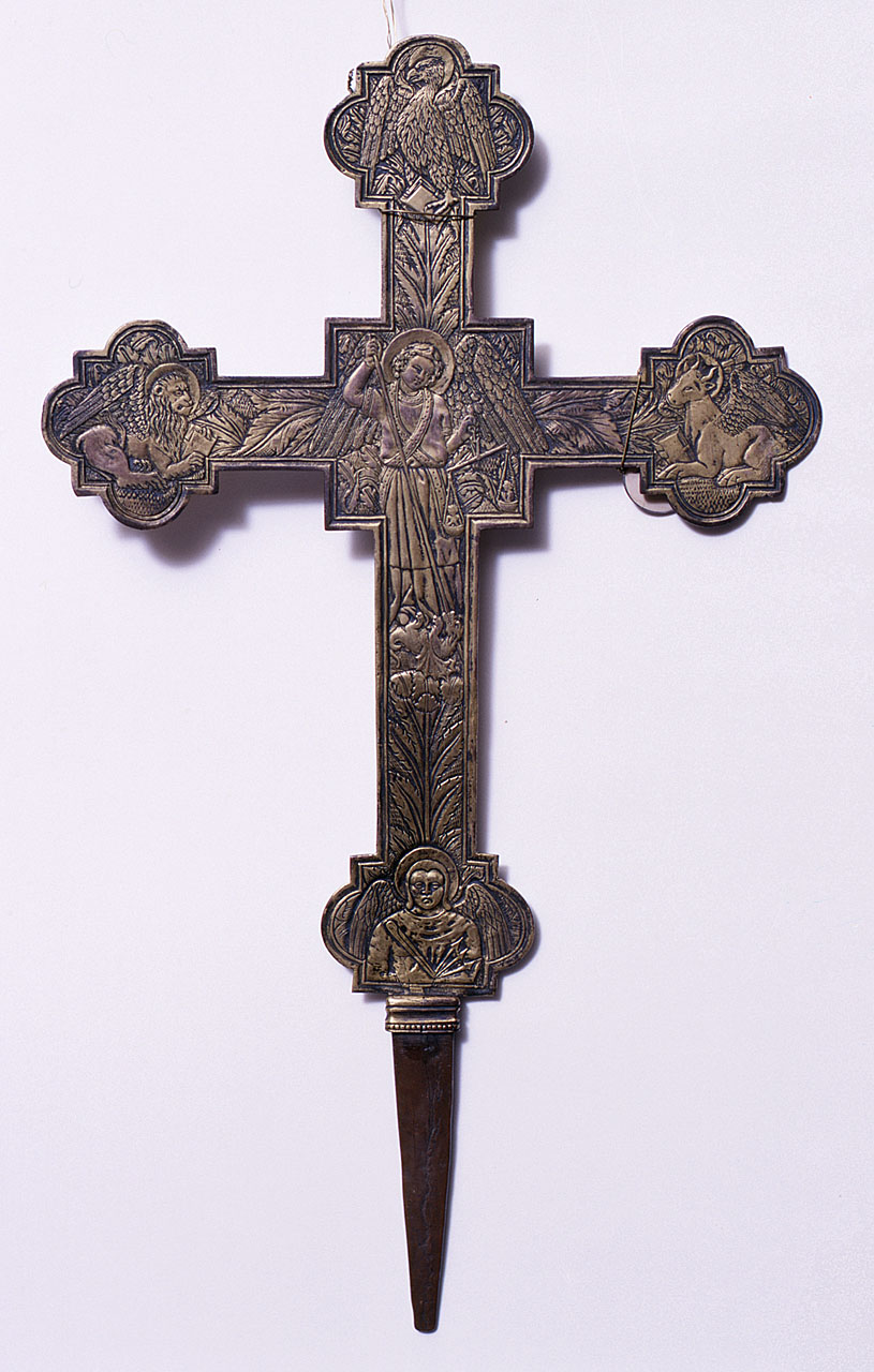 Michele arcangelo, simboli degli Evangelisti (croce processionale) - bottega toscana (sec. XV)