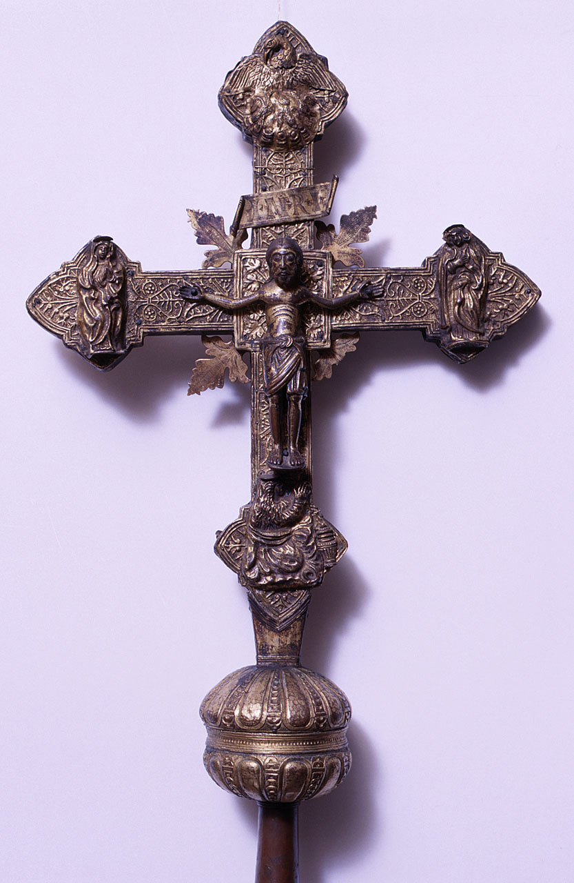 Cristo crocifisso, dolenti, santa Maria Maddalena, Evangelisti (croce processionale) - bottega toscana, bottega abruzzese (sec. XIII, sec. XV)