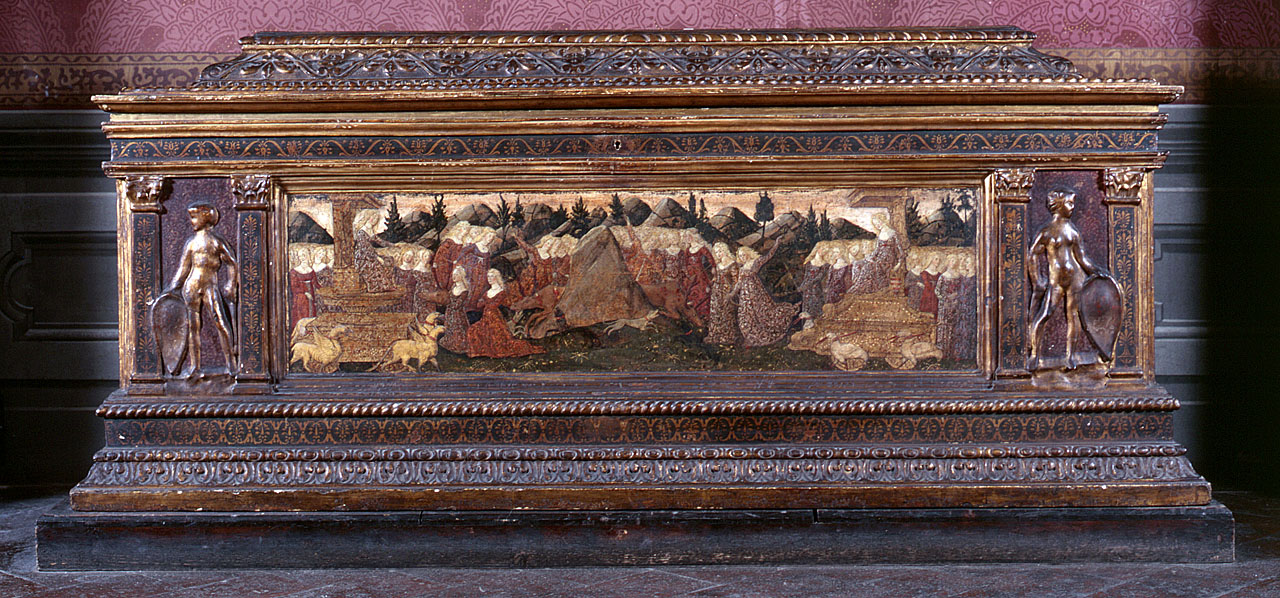 lotta tra l'Amor sacro e l'Amor profano (?), puttini (cassone dipinto) di Francesco di Giorgio Martini (cerchia) - manifattura fiorentina (ultimo quarto, fine/inizio sec. XV, secc. XIX/ XX)