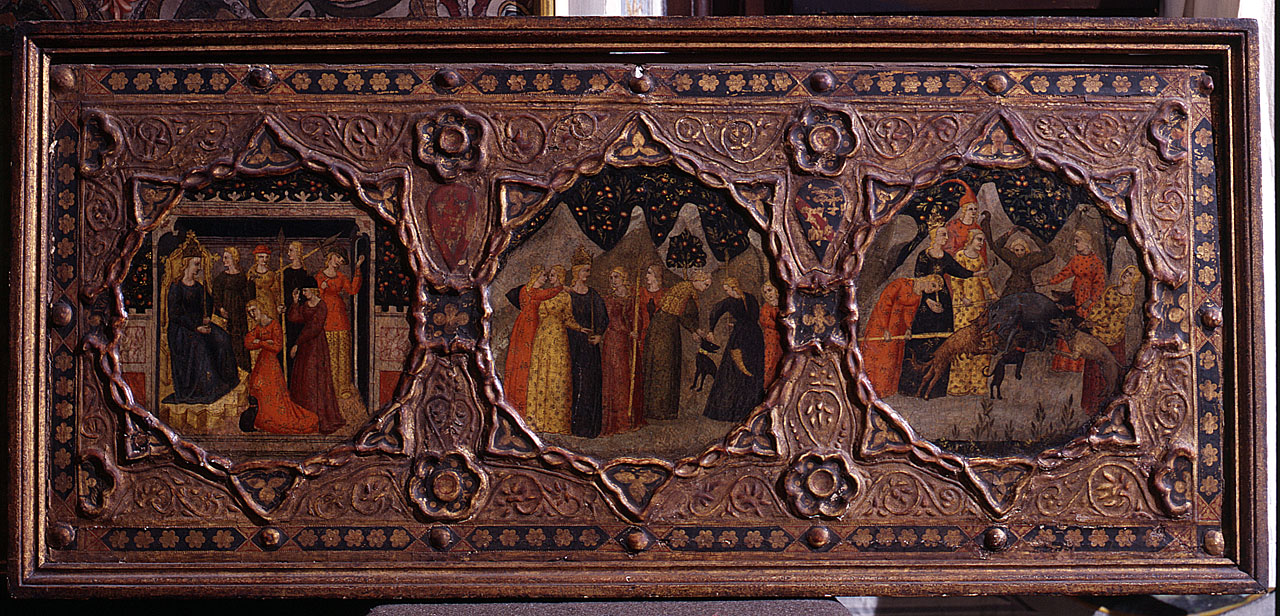 scene di vita cortigiana (?), stemma delle famiglie Ridolfi e Soderini (fronte di cassone) - ambito fiorentino (fine/inizio secc. XIV/ XV)