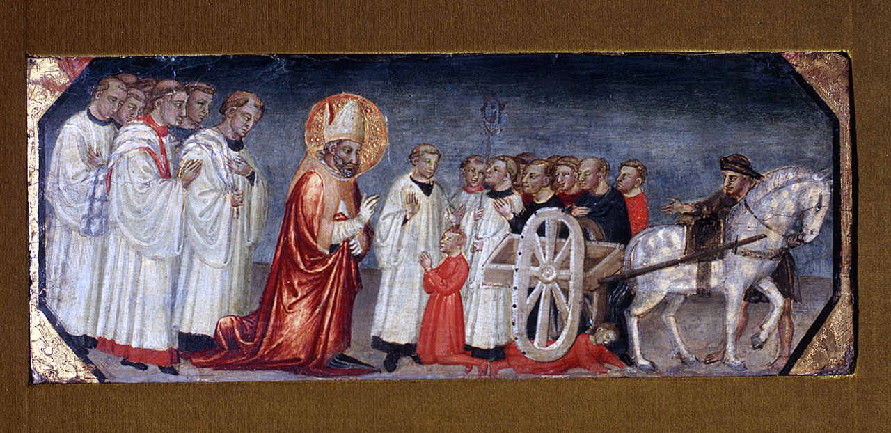 san Zanobi riporta in vita un ragazzo travolto da un carro (scomparto di predella) di Lorenzo di Bicci (secc. XIV/ XV)