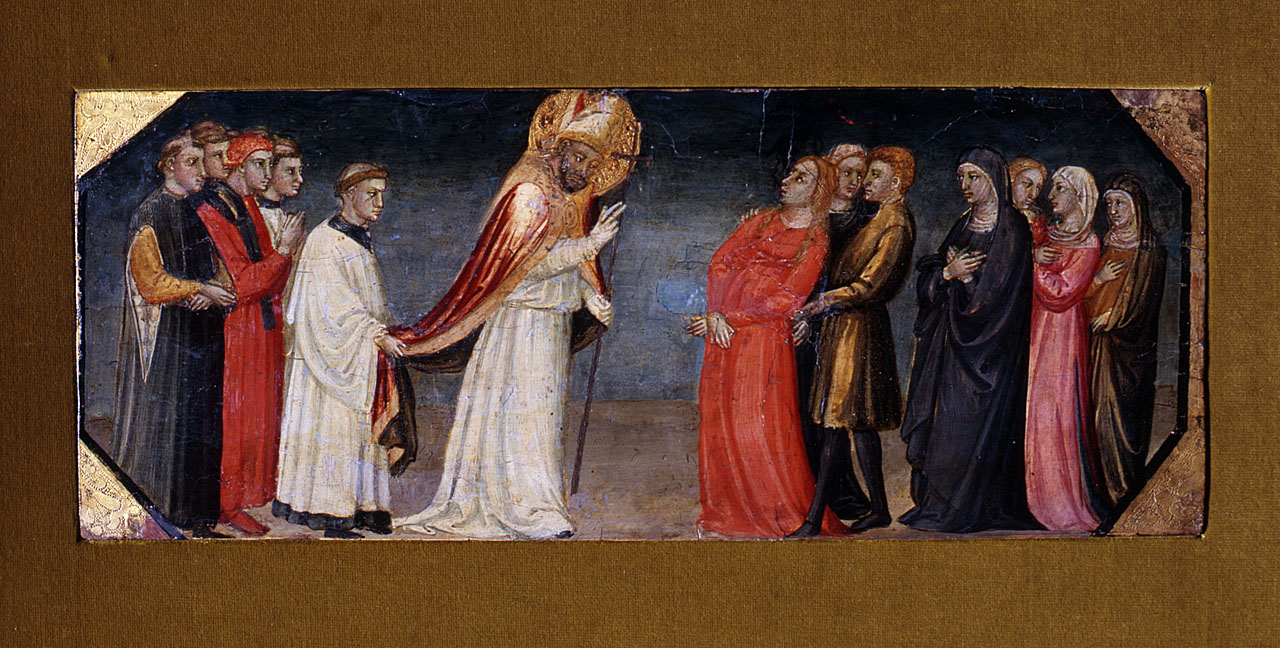 san Zanobi libera un'indemoniata (scomparto di predella) di Lorenzo di Bicci (secc. XIV/ XV)