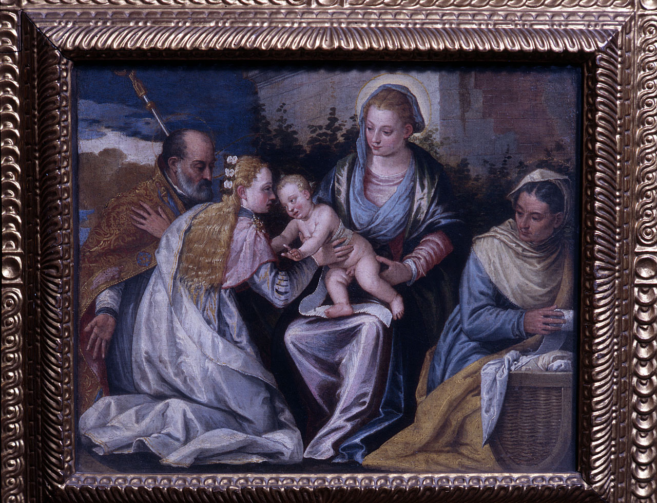Madonna con Bambino, santa Dorotea (?), santo vescovo (dipinto) - ambito veneto (sec. XVI)
