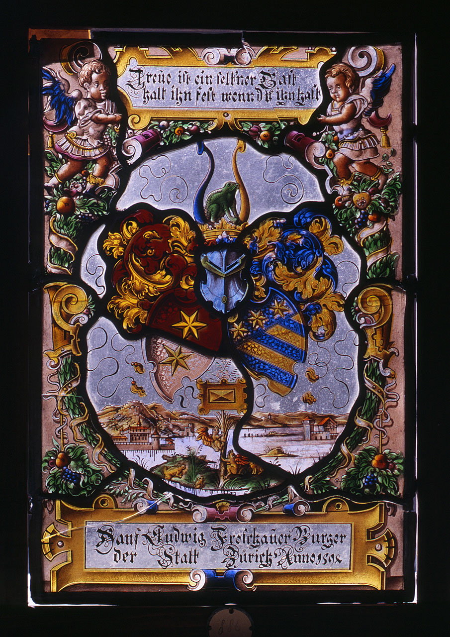 stemma gentilizio della famiglia Froschauer, paesaggio lacustre (vetrata) - bottega tedesca (fine sec. XVI)