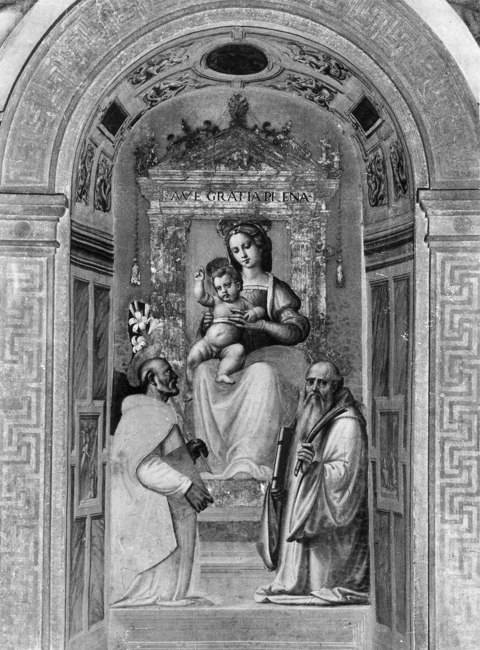 Madonna con Bambino in trono tra San Domenico e San Benedetto (dipinto) di Bigordi Ridolfo detto Ridolfo Ghirlandaio (sec. XVI)