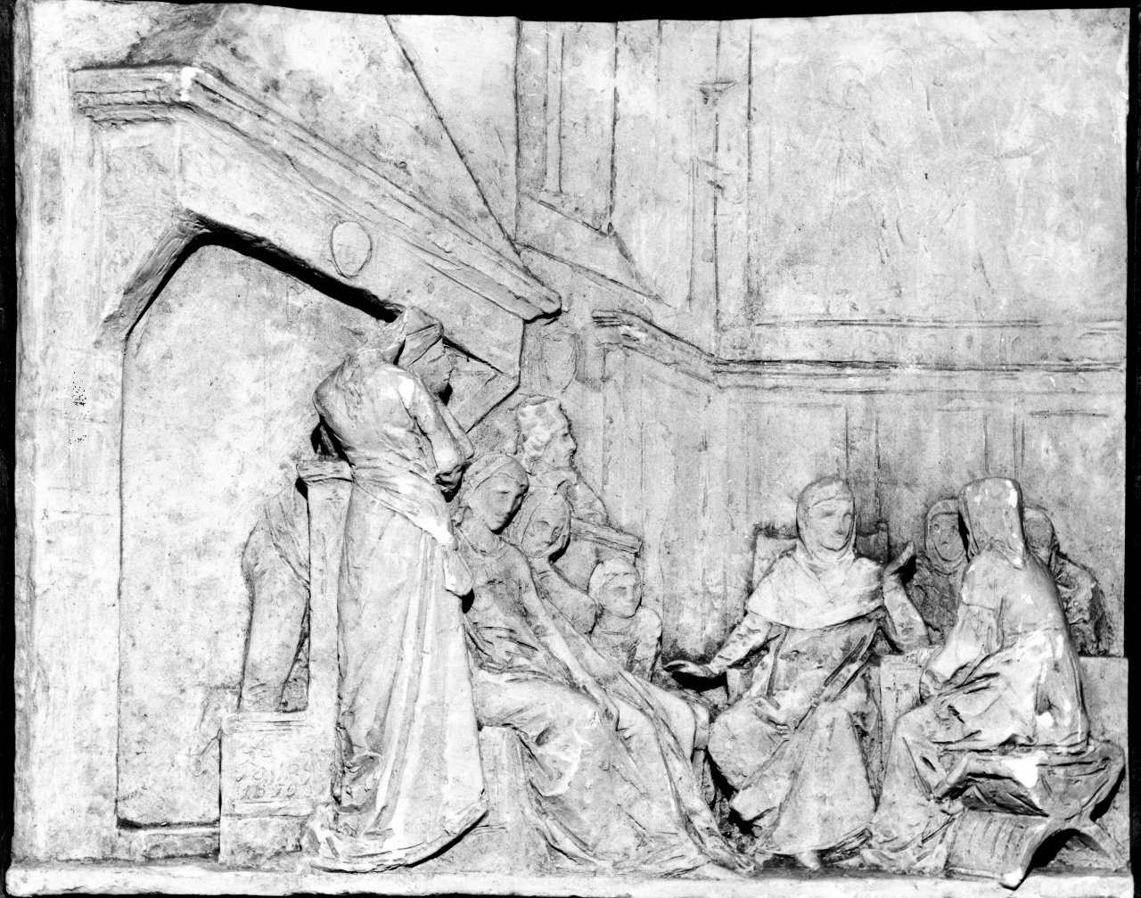 Giovanni Boccaccio racconta le sue novelle nella villa Palmieri a Fiesole (rilievo) di Passaglia Augusto (ultimo quarto sec. XIX)