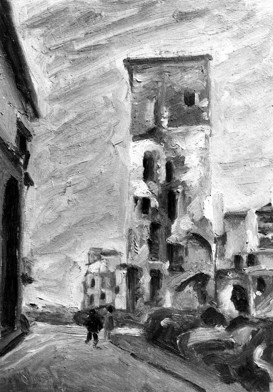 veduta della torre dei Consorti a Firenze (dipinto) di Tomberli Sergio (sec. XX)