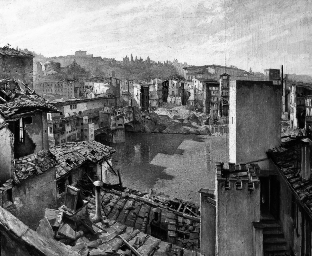 veduta del ponte Vecchio e di borgo S. Jacopo a Firenze (dipinto) di Marfori Savini Filippo (sec. XX)