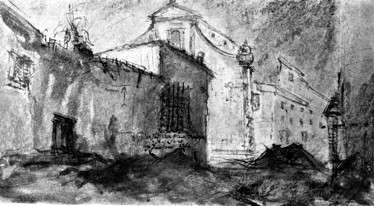 veduta di via delle Casine a Firenze durante l'alluvione (dipinto) di Fanfani Ugo (sec. XX)