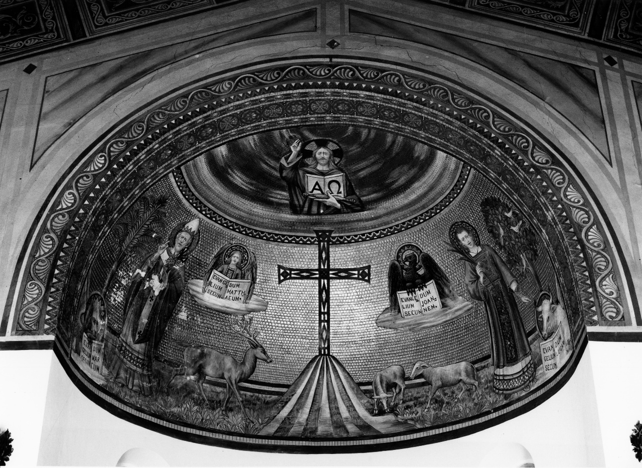 Cristo Pantocratore, croce gemmata, il Tetramorfo, santo papa e santo diacono martire (dipinto) di Papi Luigi (sec. XX)