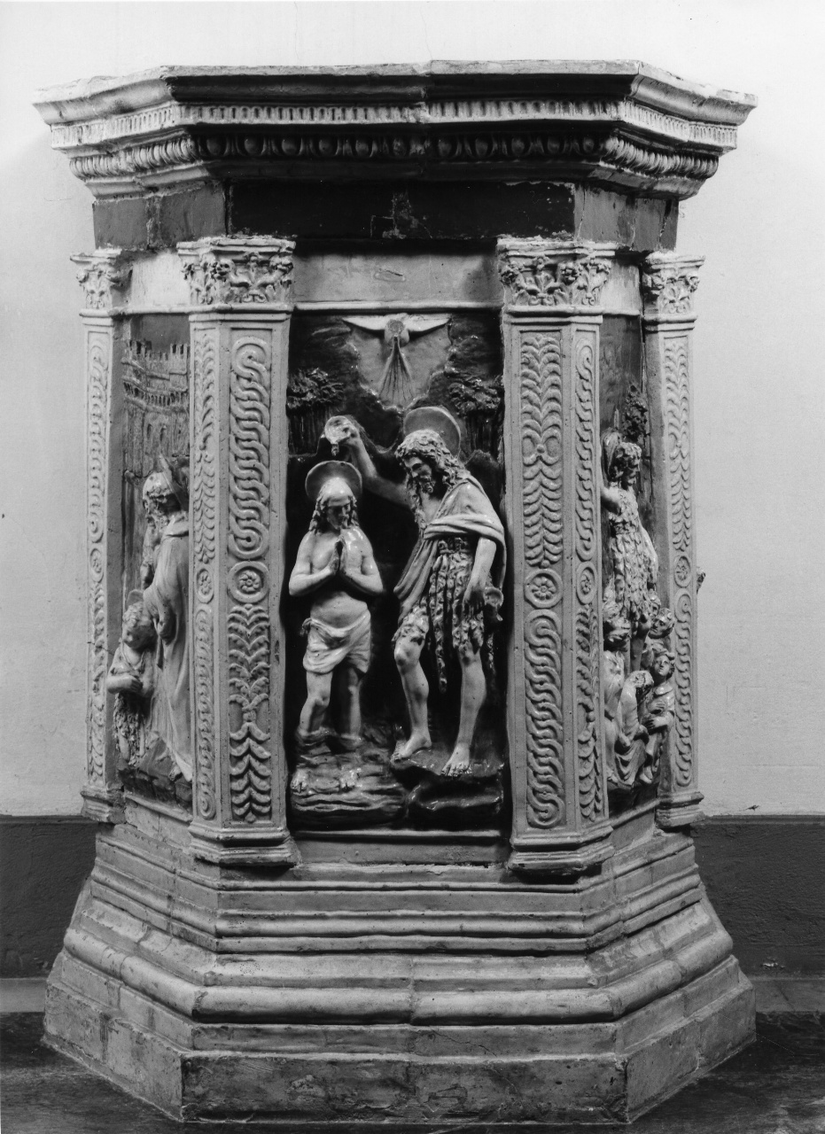 storie della vita di San Giovanni Battista (fonte battesimale) di Buglioni Santi (bottega) (sec. XVI)