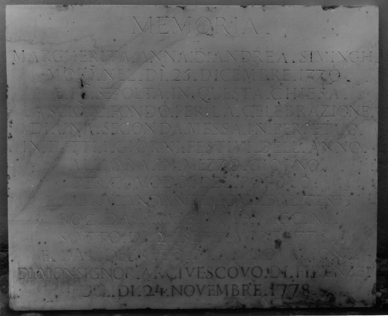 lapide documentaria - produzione toscana (sec. XVIII)