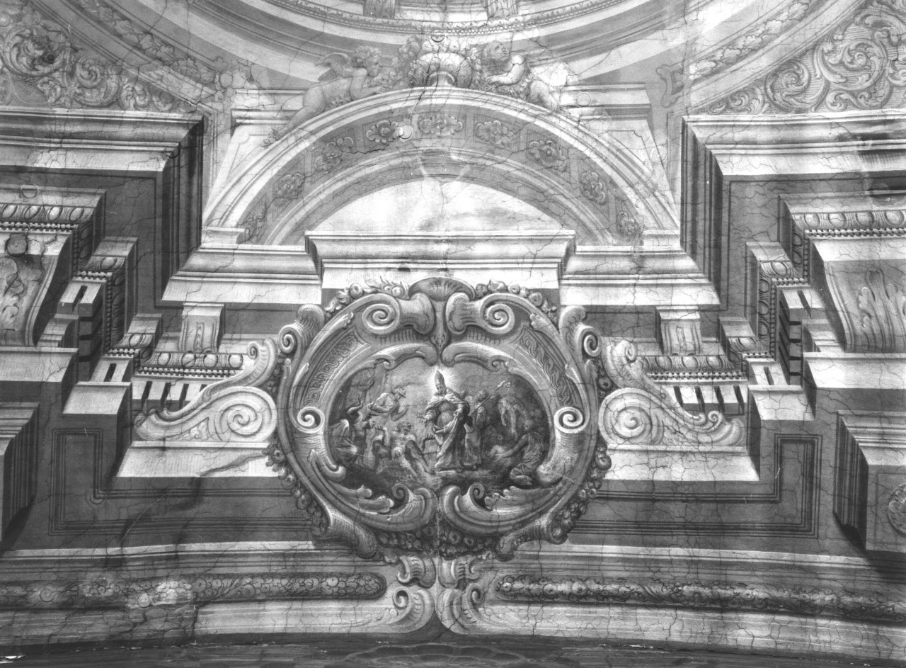 elementi decorativi architettonici con medaglione raffigurante santo papa che guarisce uno storpio (dipinto) di Bamberini Anton Domenico (sec. XVIII)