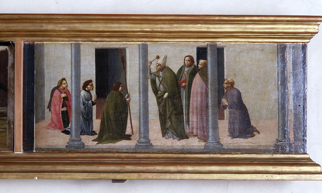 consacrazione della chiesa di S. Maria degli Innocenti (scomparto di predella) di Bigordi Domenico detto Domenico Ghirlandaio (attribuito), Bartolomeo di Giovanni (attribuito) (ultimo quarto sec. XV)