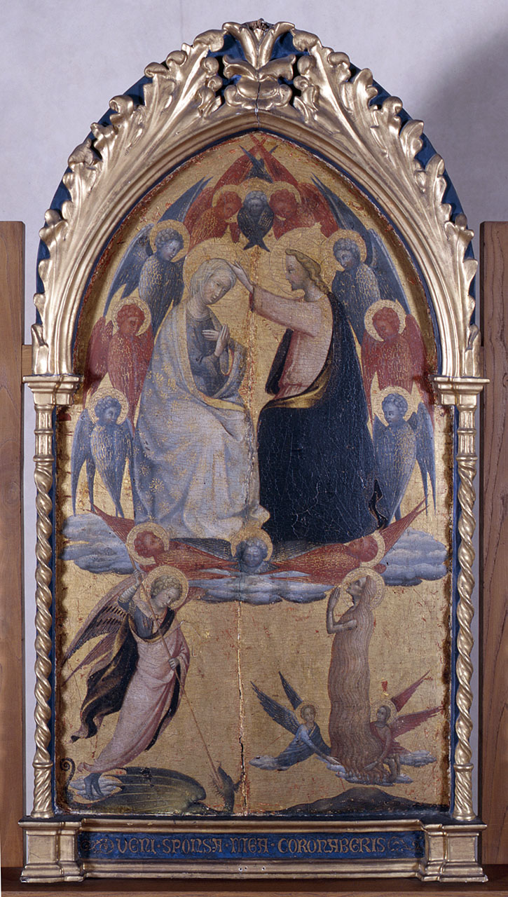 incoronazione di Maria Vergine con San Michele Arcangelo e Santa Maria Maddalena (dipinto) di Maestro della Madonna Straus (attribuito) (inizio sec. XV)