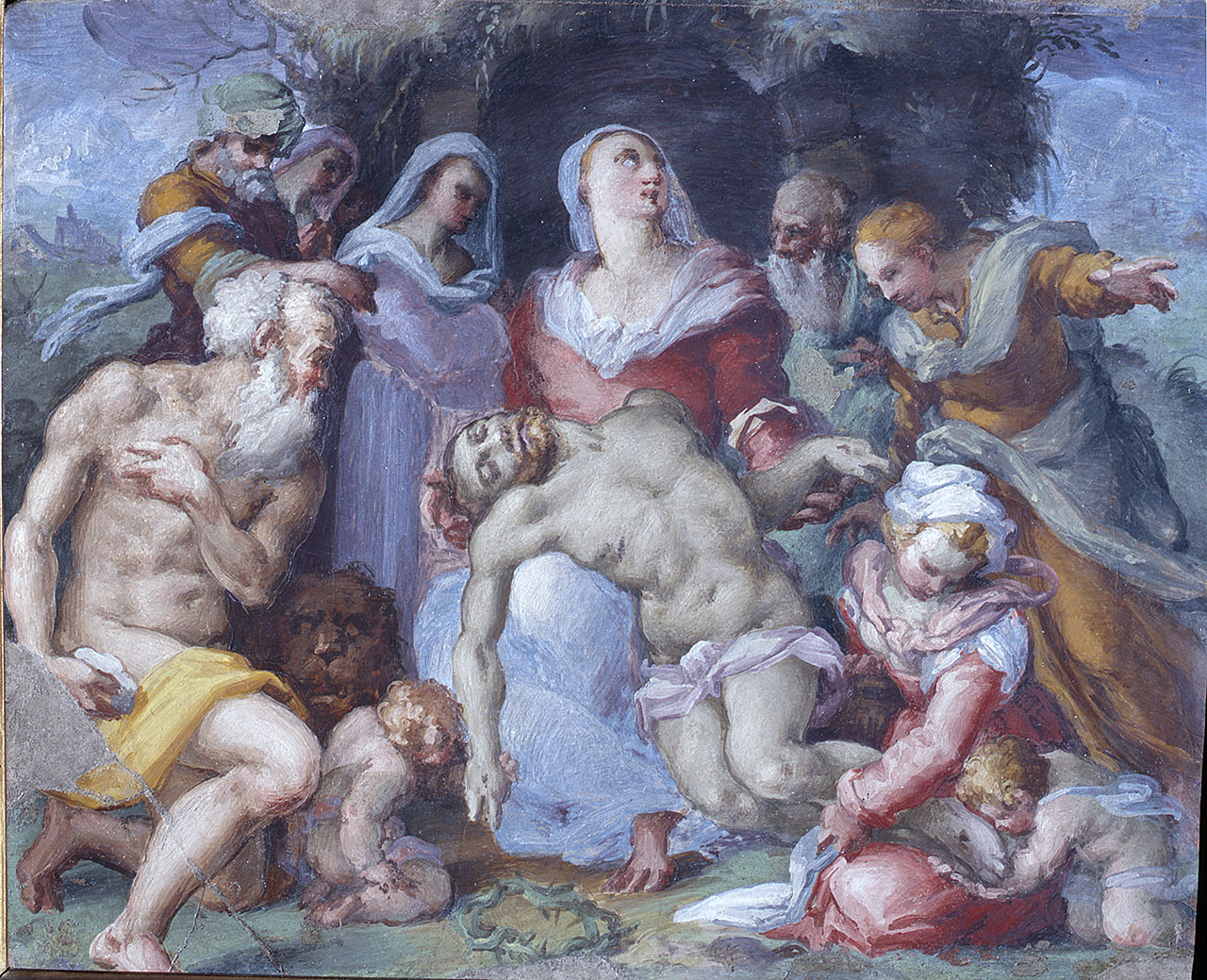 compianto sul Cristo morto con san Girolamo (dipinto) di Naldini Giovanni Battista (attribuito) (terzo quarto sec. XVI)