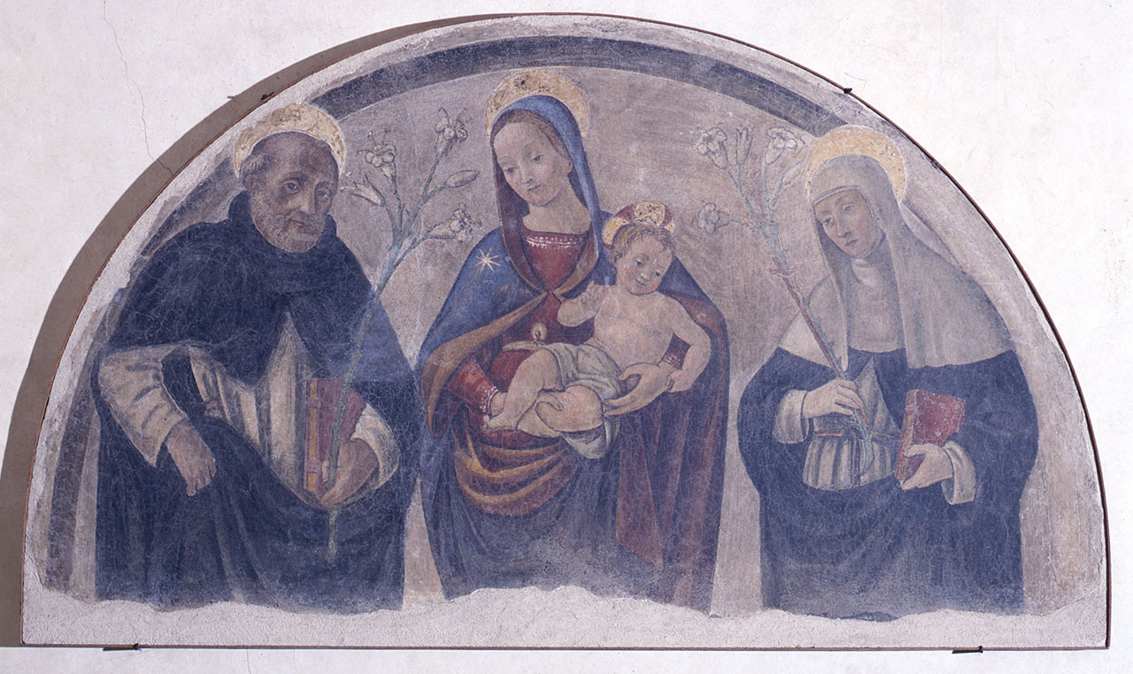 Madonna con Bambino San Domenico e Santa Caterina da Siena (dipinto) di Maestro del Tondo della Borghese (attribuito) (secc. XV/ XVI)