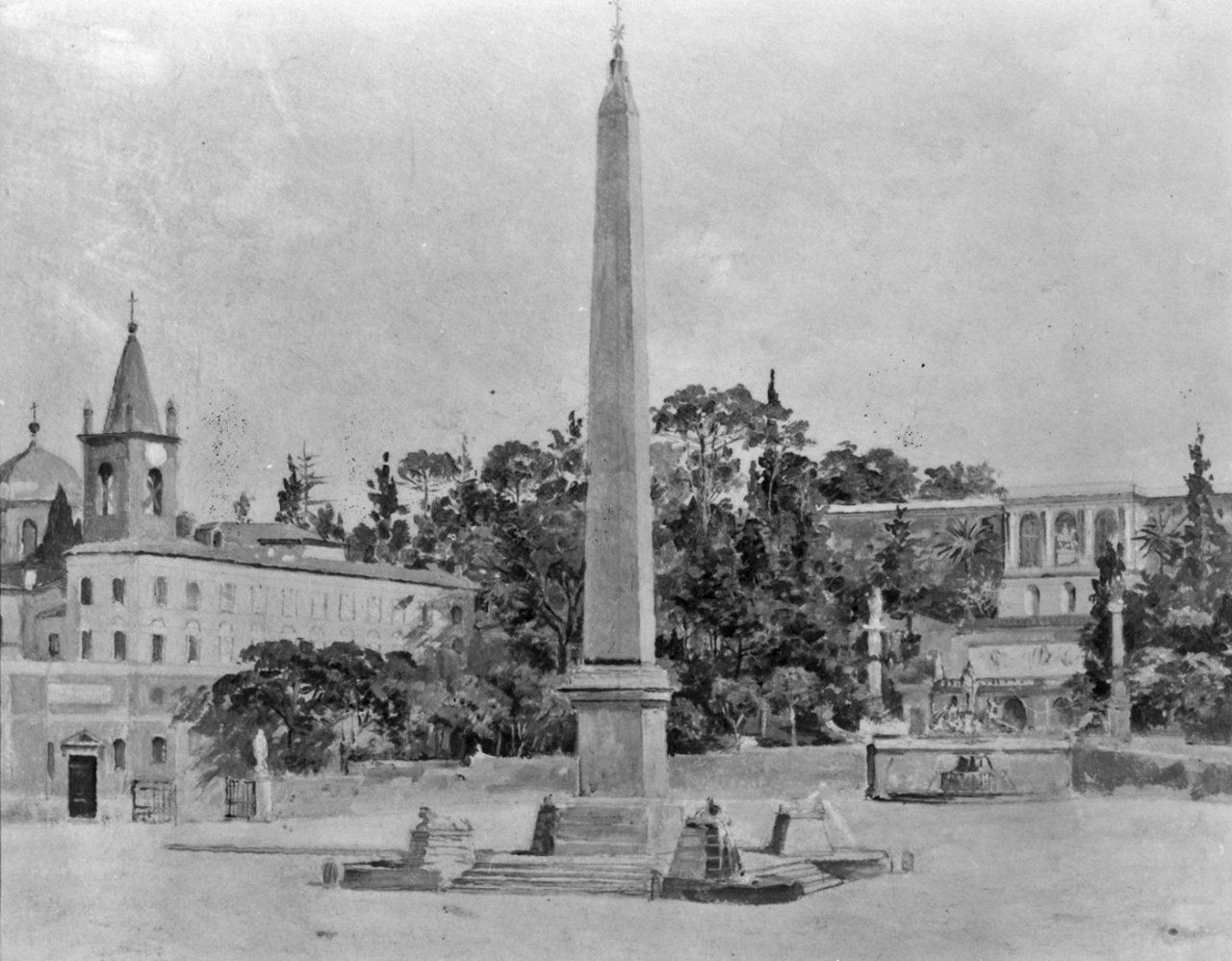 veduta di piazza del Popolo a Roma (dipinto) di De Sanctis Guglielmo (attribuito) (sec. XIX)