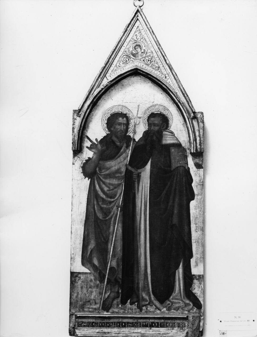 San Giovanni Battista, Sant'Antonio Abate, angelo (scomparto di polittico) di Maestro di Borgo alla Collina (primo quarto sec. XV)