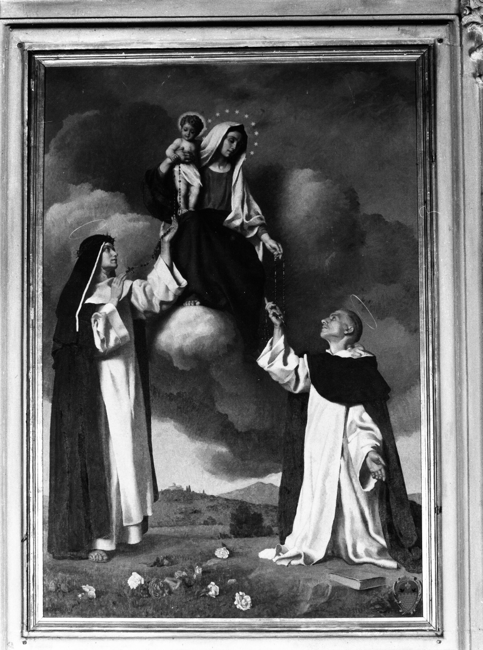 Madonna del Rosario con San Domenico e Santa Caterina da Siena (dipinto) di Zardo Alberto (sec. XX)