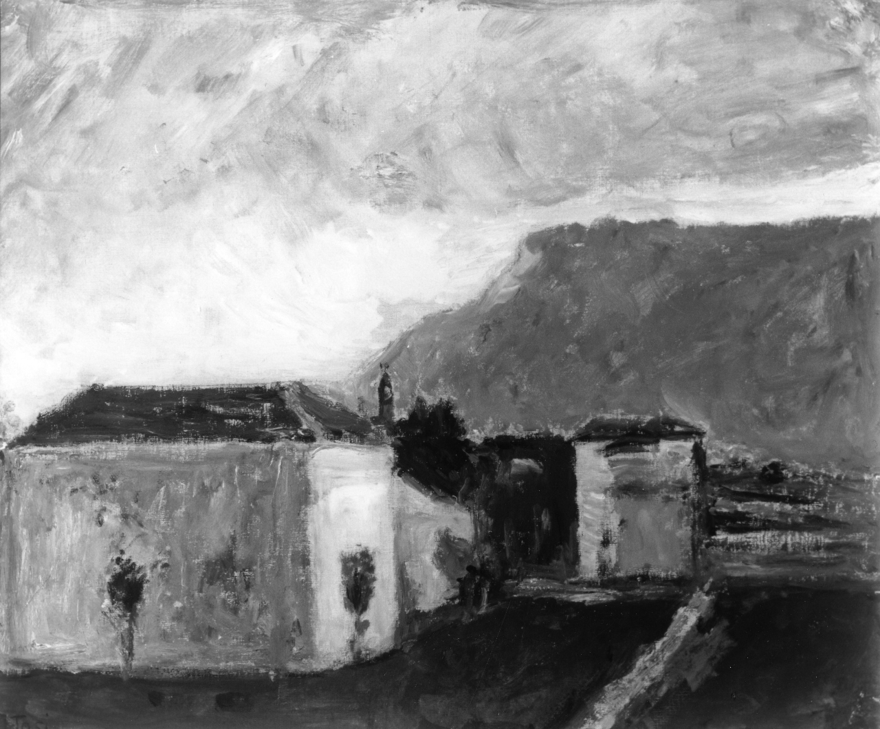 Dallo studio, paesaggio con architetture (dipinto) di Tosi Arturo (sec. XX)