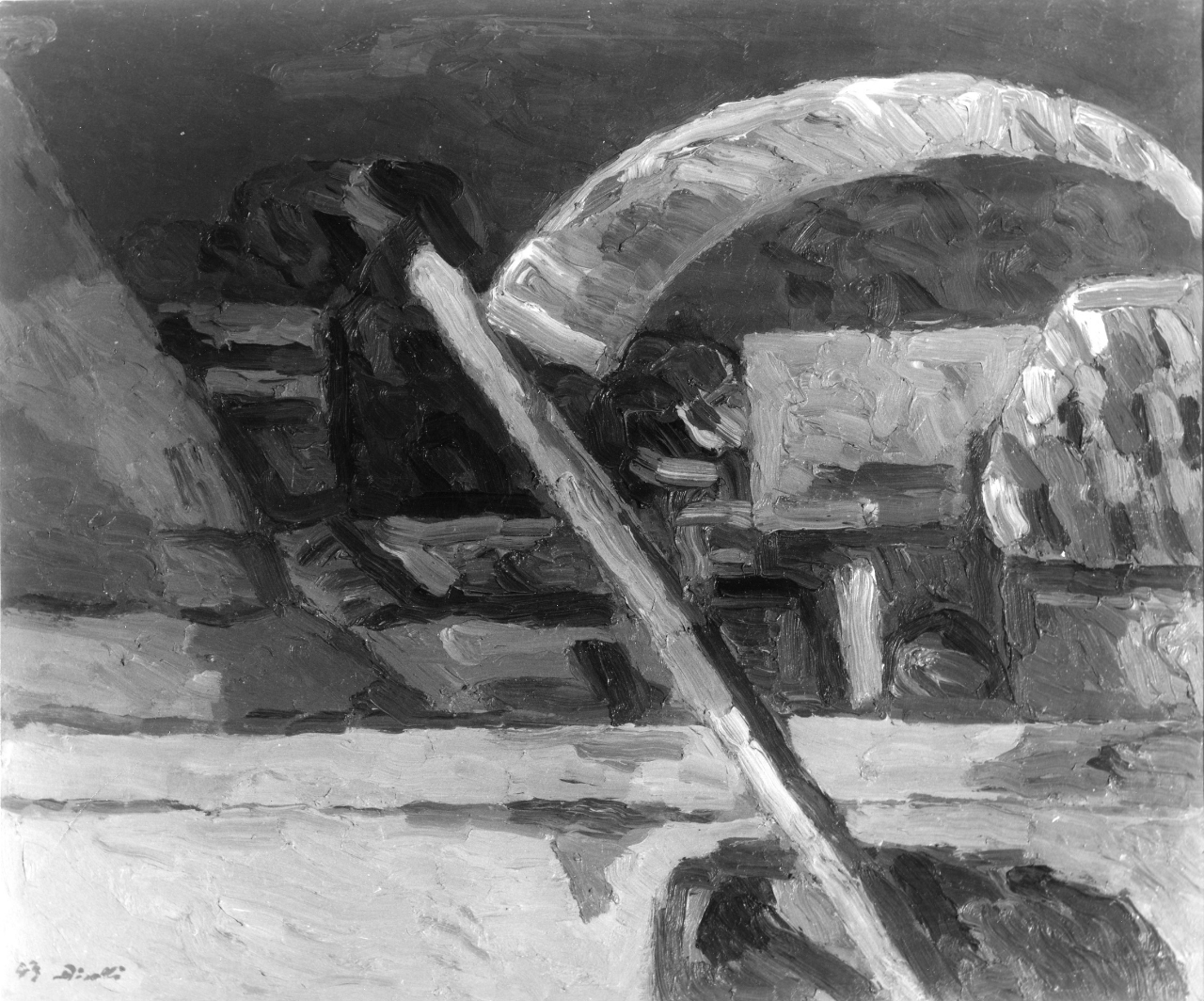 Falce sui campi/ Paese d'estate/ Falce sull'aia, paesaggio rurale con falce (dipinto) di Birolli Renato (sec. XX)