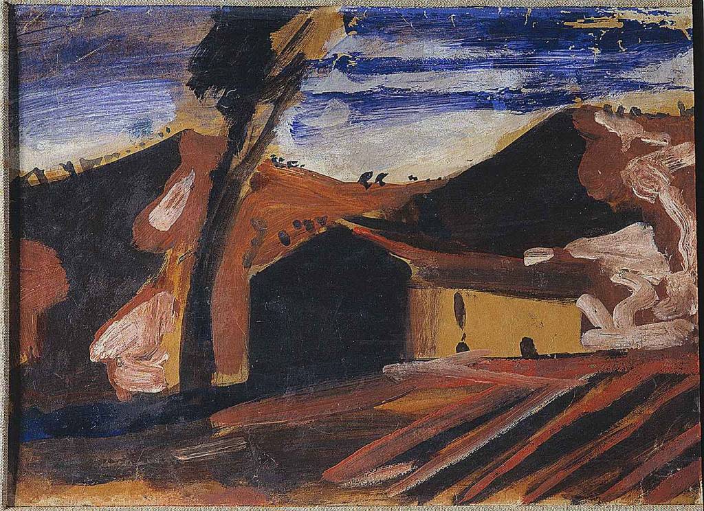 Casolare e pianta (tempera rossa), paesaggio con case (dipinto) di Sironi Mario (sec. XX)