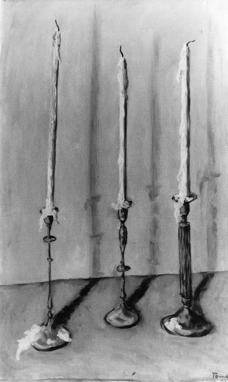 Tre candelieri, natura morta con candelieri (dipinto) di Tomea Fiorenzo (sec. XX)