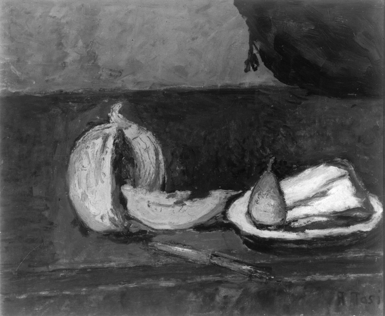 Natura morta con melone e pera, natura morta con frutta (dipinto) di Tosi Arturo (sec. XX)