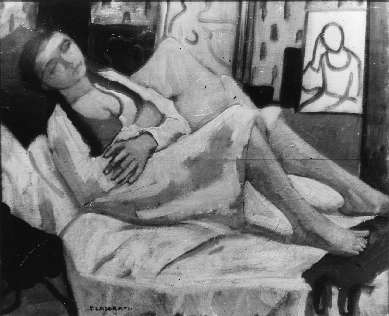 Ragazza sul letto/ Donna che dorme, donna distesa sul letto (dipinto) di Casorati Felice (sec. XX)