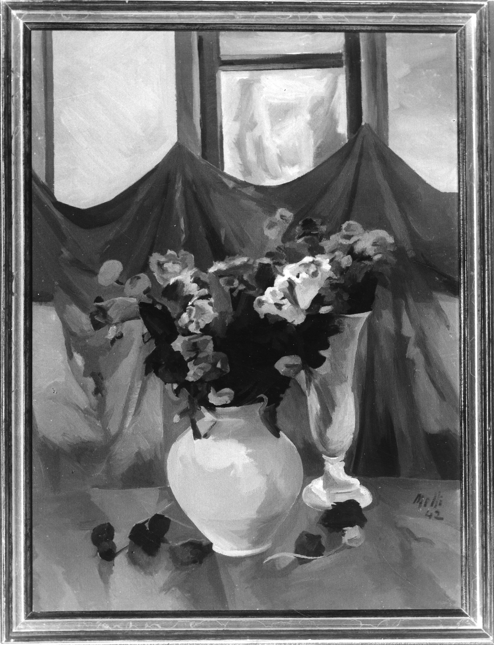 Vaso di fiori contro il drappo, natura morta con vaso di fiori (dipinto) di Melli Roberto (sec. XX)