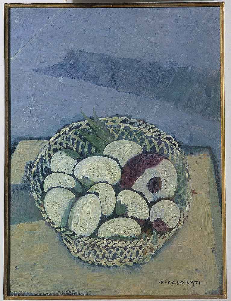 Cestino con uova e rape, natura morta con cestino di uova (dipinto) di Casorati Felice (sec. XX)