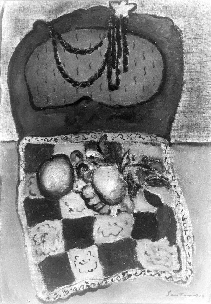 Sedia con frutta/ Melograno e merletto, natura morta con frutta (dipinto) di Santomaso Giuseppe (sec. XX)